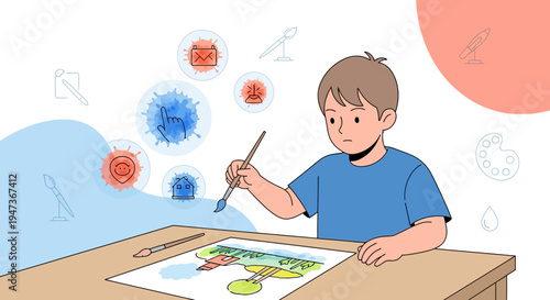 Child paints virus illustration, creativity, imagination, science, art, education, pandemic concept