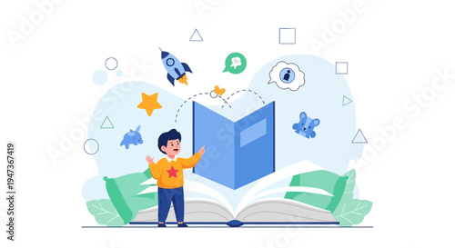 Child Reading Open Book, Imagination Flying Out