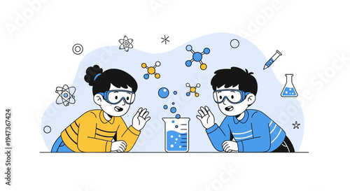 Children experimenting with science in laboratory, colorful molecules and beakers