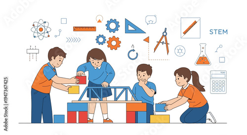 Children building a bridge, STEM education, teamwork, and creative learning