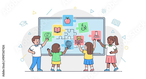Children assembling educational puzzle on whiteboard, learning and teamwork concept