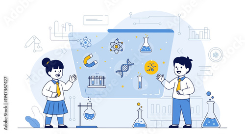 Children exploring science, chemistry, and biology with experiments and DNA.