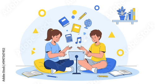 Children learning online using tablet, surrounded by educational icons and books