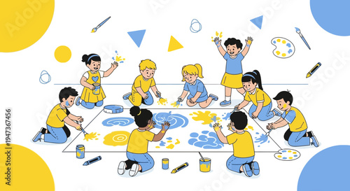 Children painting together on a large canvas, creative art class, teamwork, fun learning