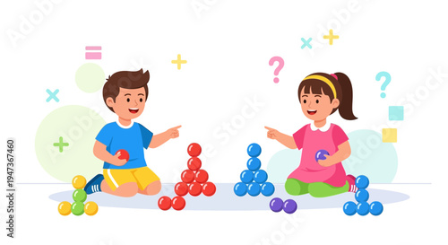 Children playing with colorful balls, learning math and logic games