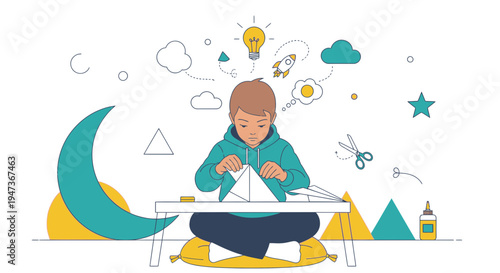 Creative boy folding paper airplane, imagination, learning, and childhood fun