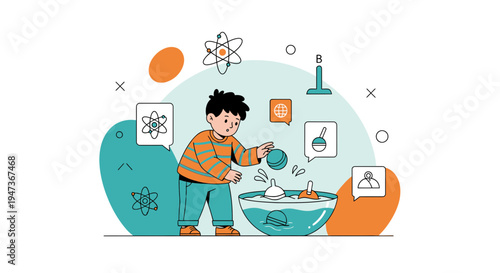 Curious boy experimenting with water and science symbols, education concept