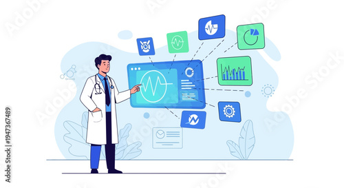 Doctor analyzing medical data on futuristic screen with charts and graphs