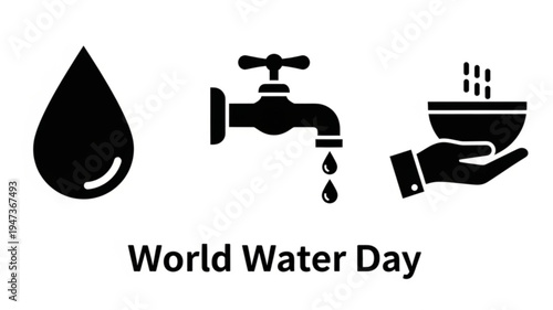 World Water Day Celebration Set Featuring Water Drop, Running Tap Faucet, and Hands Catching Water Icons