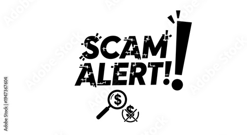Scam Alert typography with glitch effect and financial security icons.