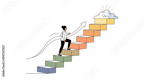 Businesswoman climbing stairs to reach the cloud, concept of career growth, ambition, and achieving goals, vector illustration.