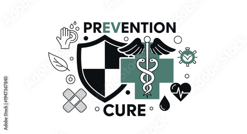 Prevention and cure medical concept illustration, healthcare symbols set including shield, caduceus, and bandage, vector design.