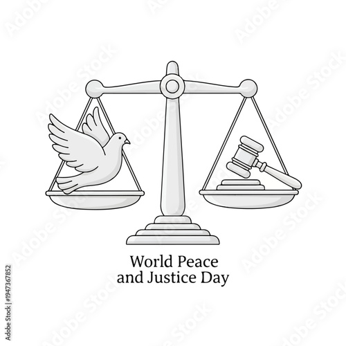 World Peace and Justice Day Illustration Emphasizing Scales, Dove, and Gavel Symbolism.