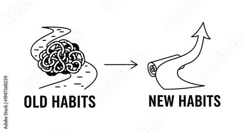Personal Growth Concept: Transforming Old Habits into New Habits Illustration with Messy Path and Clean Arrow.