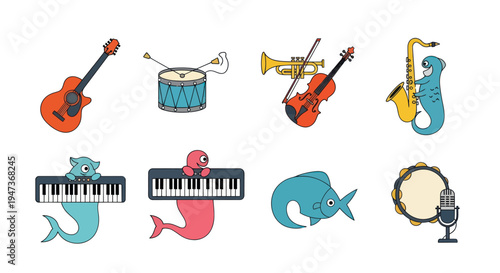 Cartoon musical instruments and characters