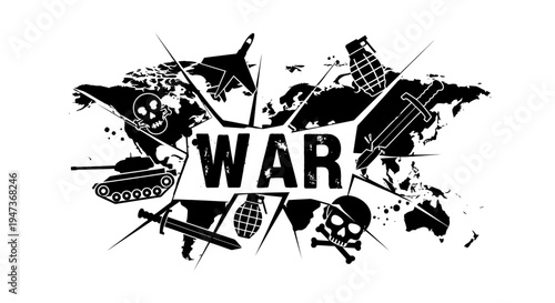 Global War Concept Illustration with World Map, Military Icons, and Grunge Text.