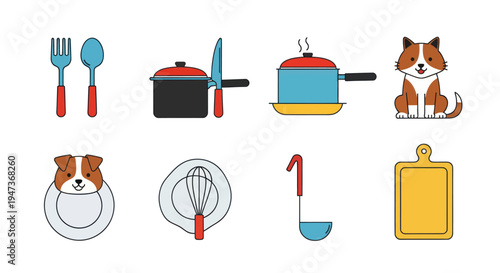 Cartoon kitchen utensils and dog illustration