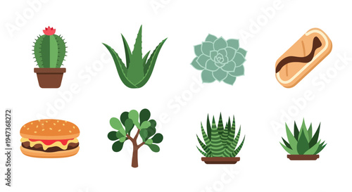 Cartoon plants and food icons