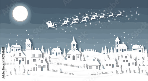 Santa Claus Sleigh Flying Over Winter Village at Night with Moon, Snowfall, and Reindeer for Christmas Holiday Greeting Background Illustration Design