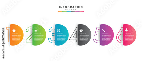 A colorful infographic design featuring six numbered sections with vibrant colors and icons