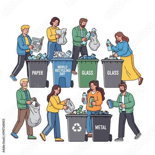 People Sorting Recyclables into Paper, Glass, Metal, and Plastic Bins for Sustainable Waste Management.