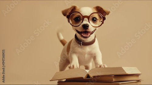 Adorable intelligent puppy wearing round glasses reading open books, ready to learn, studio illustration. Created with generative AI