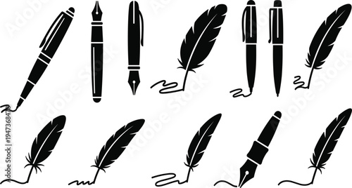 Collection of Black Silhouette Writing Icons Featuring Fountain Pens Quill Feathers and Ballpoint Pens for Calligraphy Literature Education Branding and Artistic Graphic Design