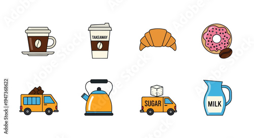 Coffee pastries and delivery icons