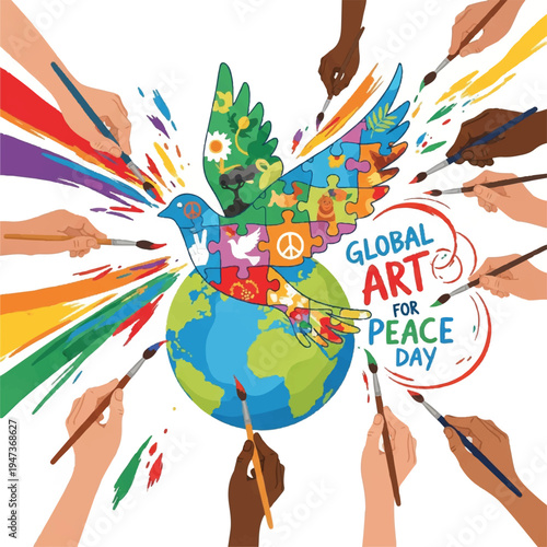 Global Art for Peace Day: Diverse Hands Surrounding Earth in Colorful Unity Artwork.
