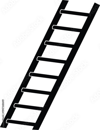 Black silhouette of a tall wooden or metal ladder leaning diagonally against a wall isolated on a white background,