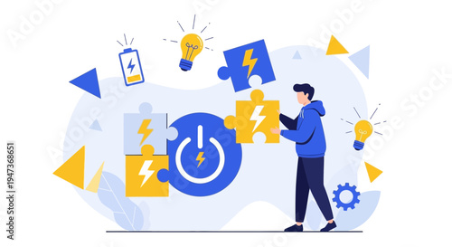 Man assembling puzzle pieces with power button and lightbulbs, symbolizing innovation and energy