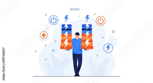 Man Holding Stacked Batteries with Lightning Bolts, Energy Concept