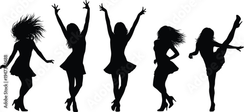 Black silhouette of dancing women, energetic female dancers in motion, party celebration concept, isolated on white background, dynamic illustration