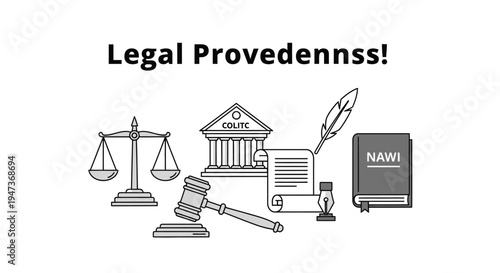 Legal procedure concept illustration with court icons and typography.