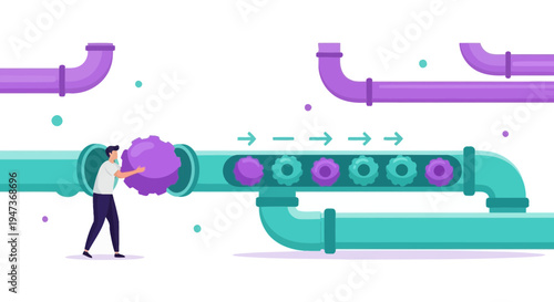 Man inserts purple sphere into pipeline with gears, symbolizing process and workflow