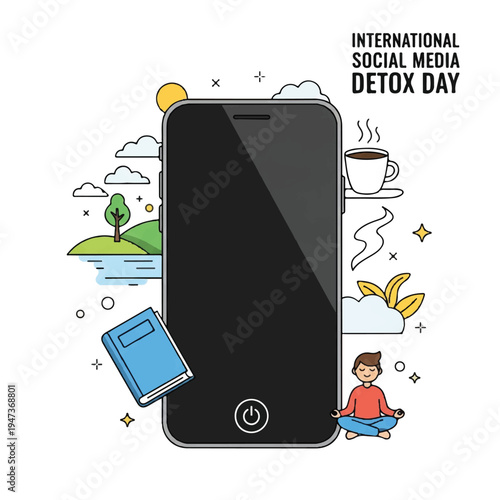 Calm technology scene featuring a large smartphone surrounded by books, coffee, and people during a detox day.