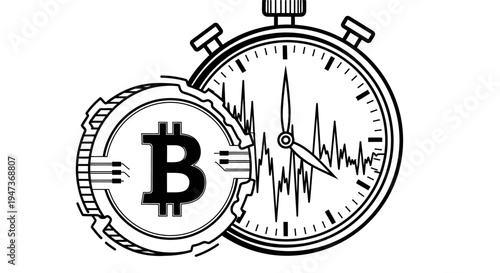Bitcoin coin line illustration with stopwatch and volatility graph.