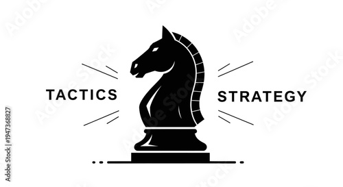 Chess knight piece illustration with business strategy and tactics text.
