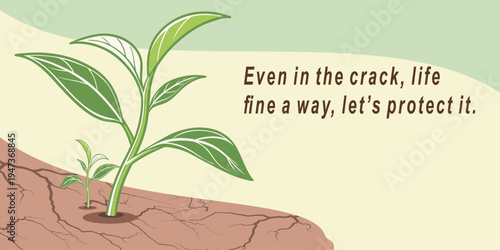 Young plant growing from cracked dry soil symbolizing resilience, environmental recovery and hope. Concept of climate change awareness, sustainability and protecting nature.