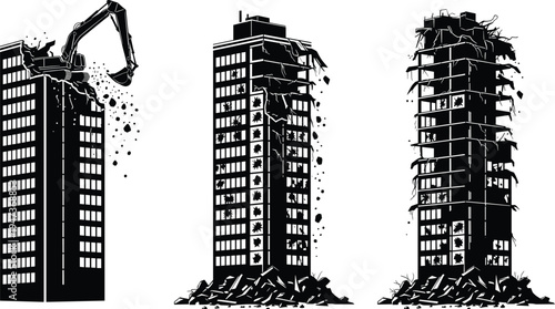 Building demolition process with excavator machine, damaged skyscraper collapsing into rubble isolated black and white construction illustration