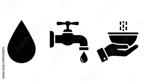 World Water Day Celebration Set Featuring Water Drop, Running Tap Faucet, and Hands Catching Water Icons.