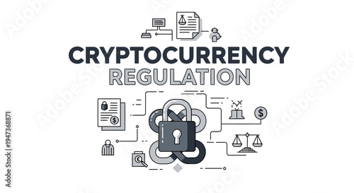 Cryptocurrency regulation concept illustration with legal and security icons.