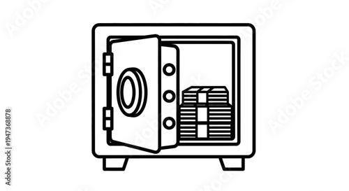 Vector line icon of an open safe deposit box with stacks of cash money