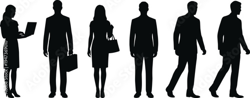 Business people silhouettes collection, professional men and women with laptop and briefcase isolated on white background vector illustration