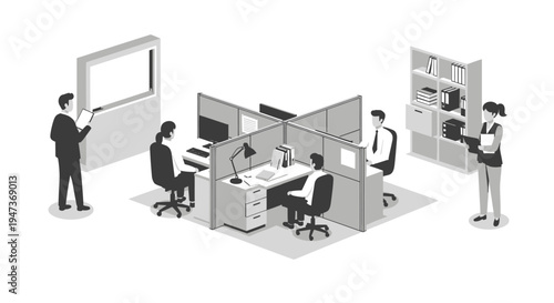 Modern Office Cubicle Workspace with Employees Working.