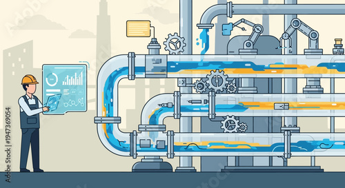 Industrial worker standing next to complex pipeline system with valves and gauges ill