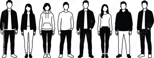 Casual diverse people lineup illustration, male and female standing characters, modern flat black and white figures isolated on white