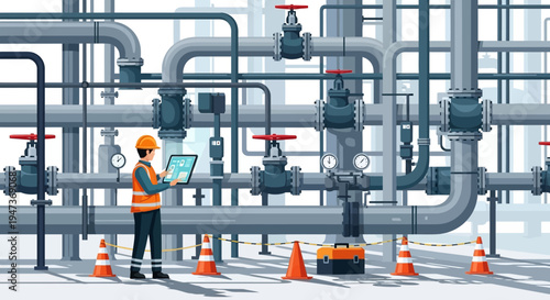 Industrial worker inspecting pipes and valves in industrial plant with safety cones