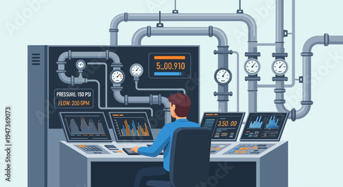 Industrial control room operator working on computer screens with pipes and gauges