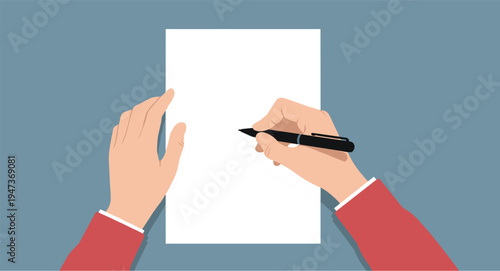 Top View Flat Vector Illustration of Person Writing on Blank Paper with Pen for Business Contracts, Creative Storytelling, Education, and Legal Document Signing